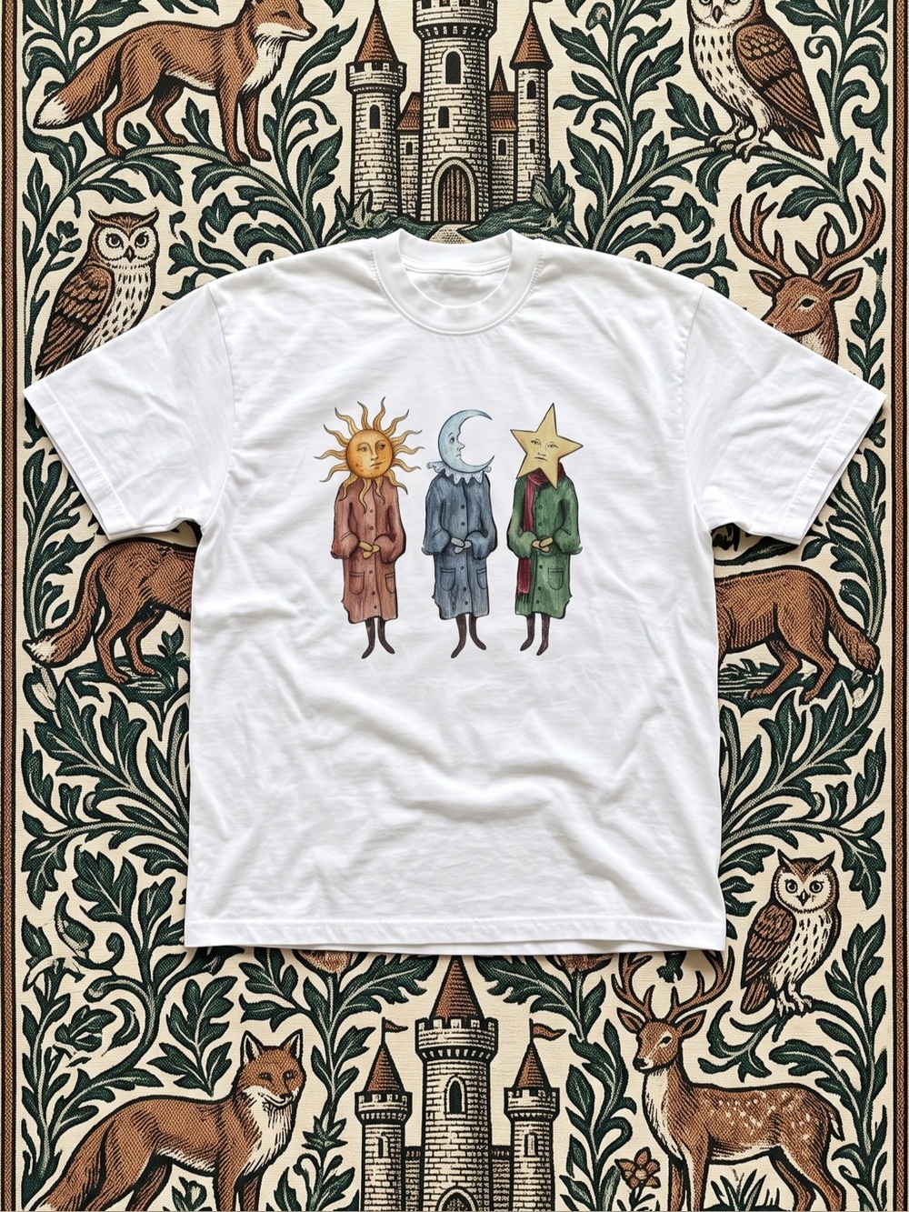 Celestial Sun Moon Star Characters White
Graphic T-Shirt